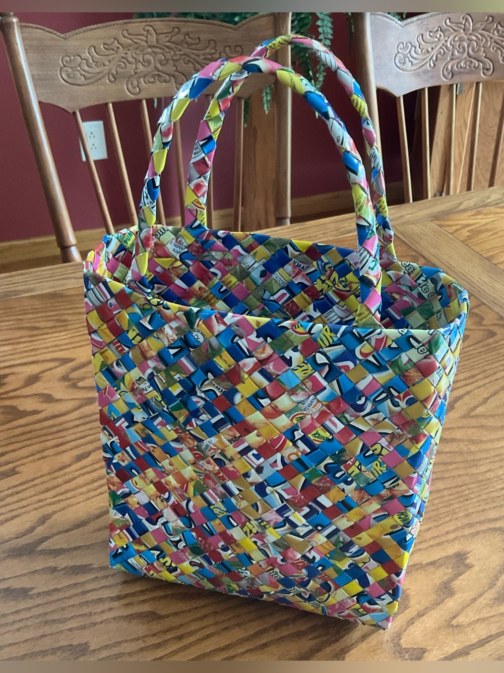 Vintage Eco-Friendly Woven Candy Wrapper Tote Bag, Multicolor Recycled